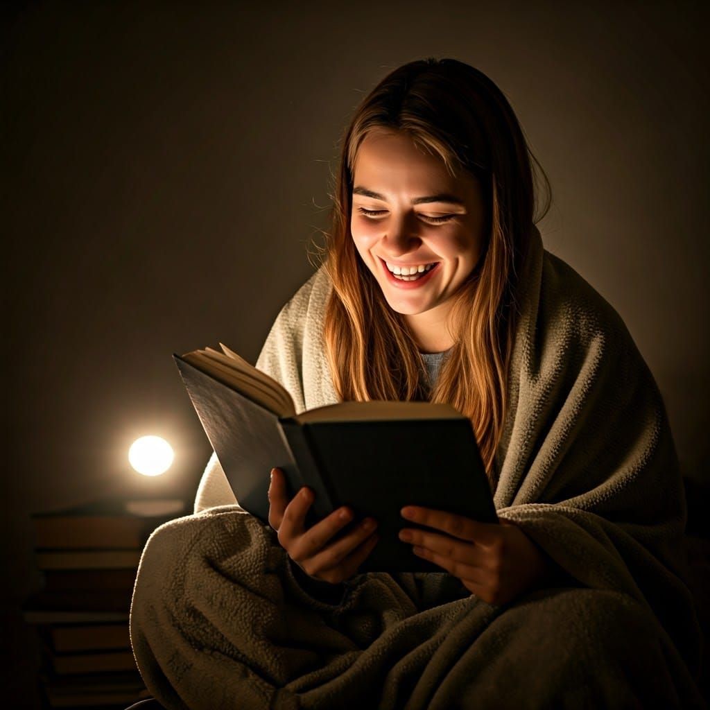 Joyful Woman Reading Book by Lamp Light