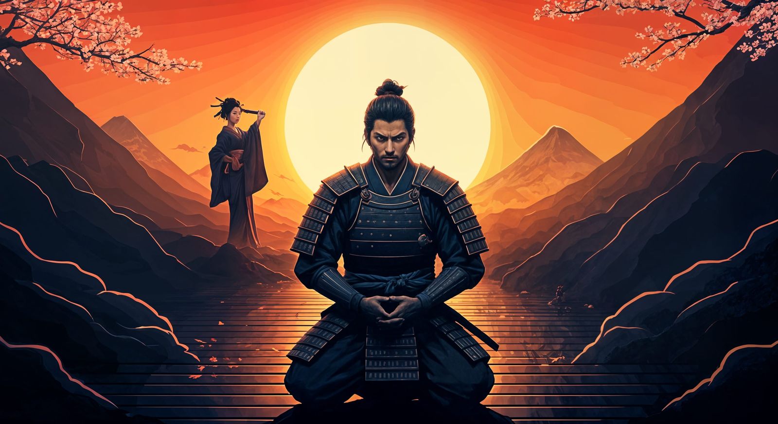 Samurai and Geisha in Ukiyo-e Style Japan Scene