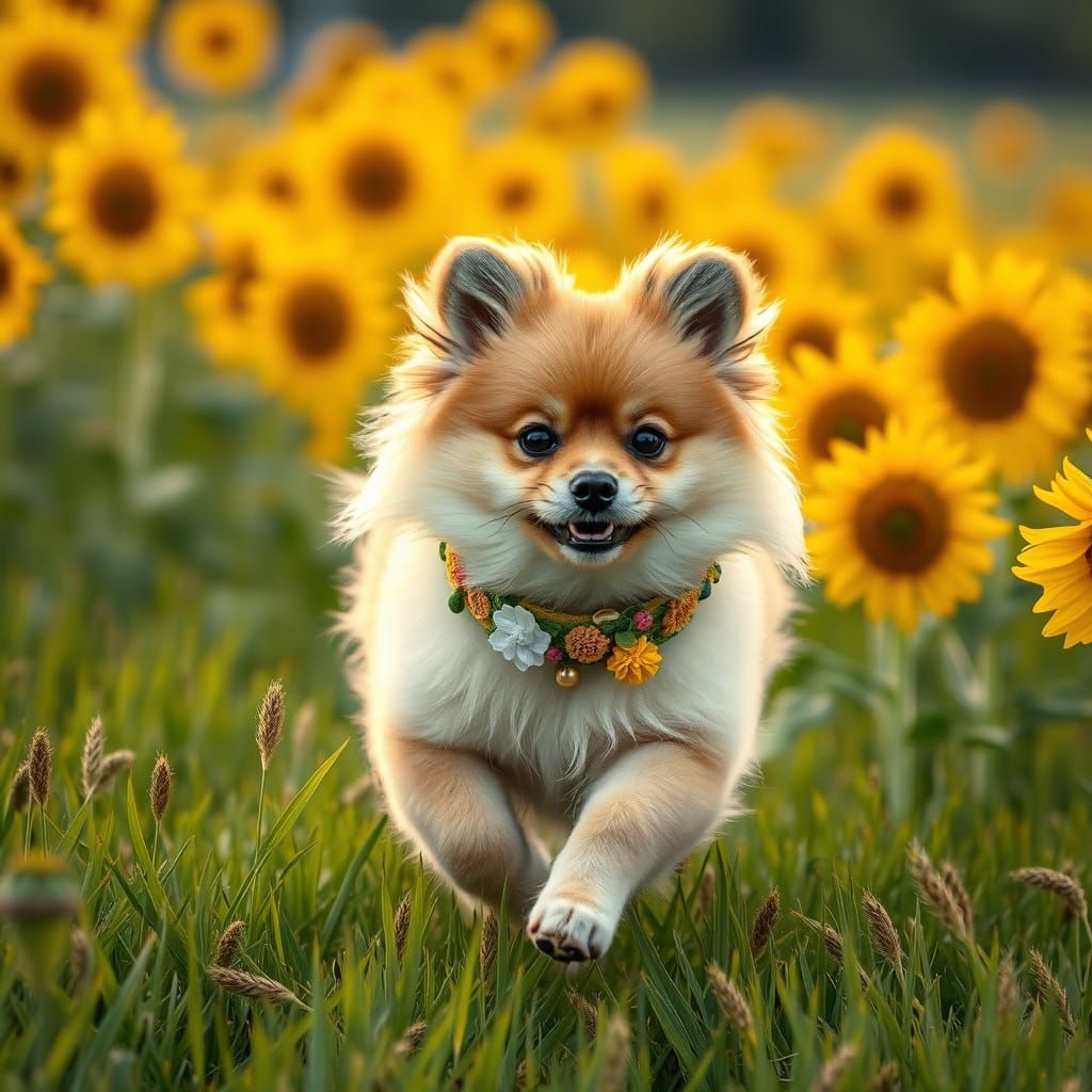 Pomeranian in a Sunflower Field, in the Style of Wildlife Ar...