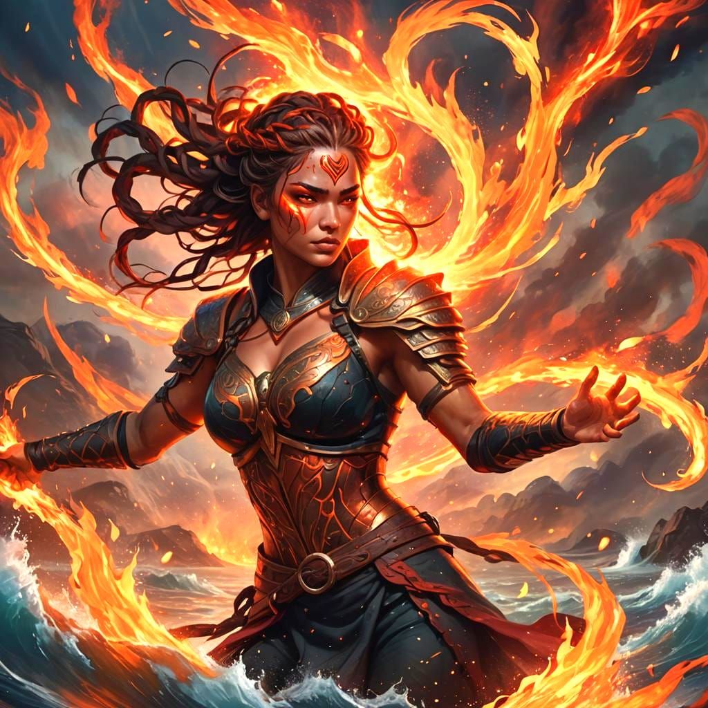 Fiery Warrior Woman in a Digital Fantasy Landscape
