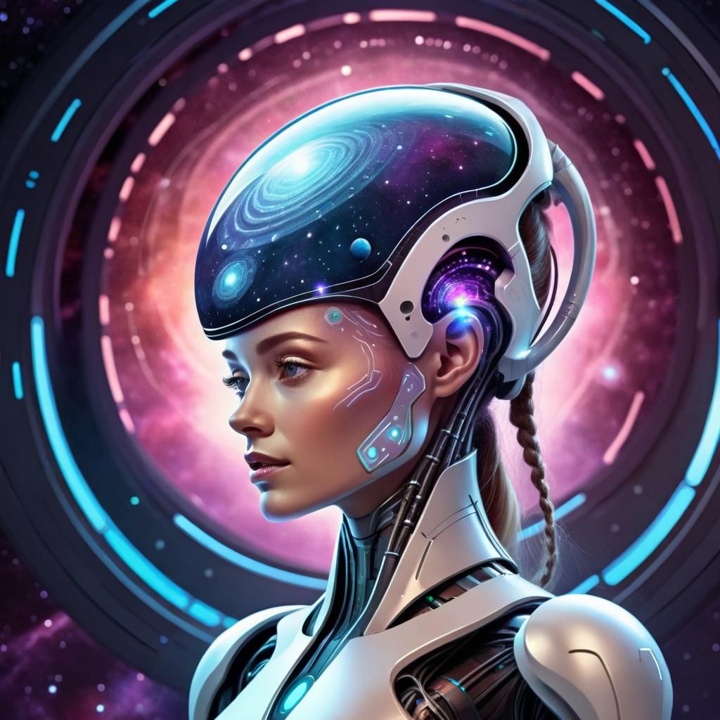 Android Woman in Laboratory with Cosmic Portal