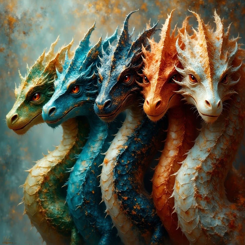 Hyperrealistic Five-Headed Dragon in Vibrant Colors