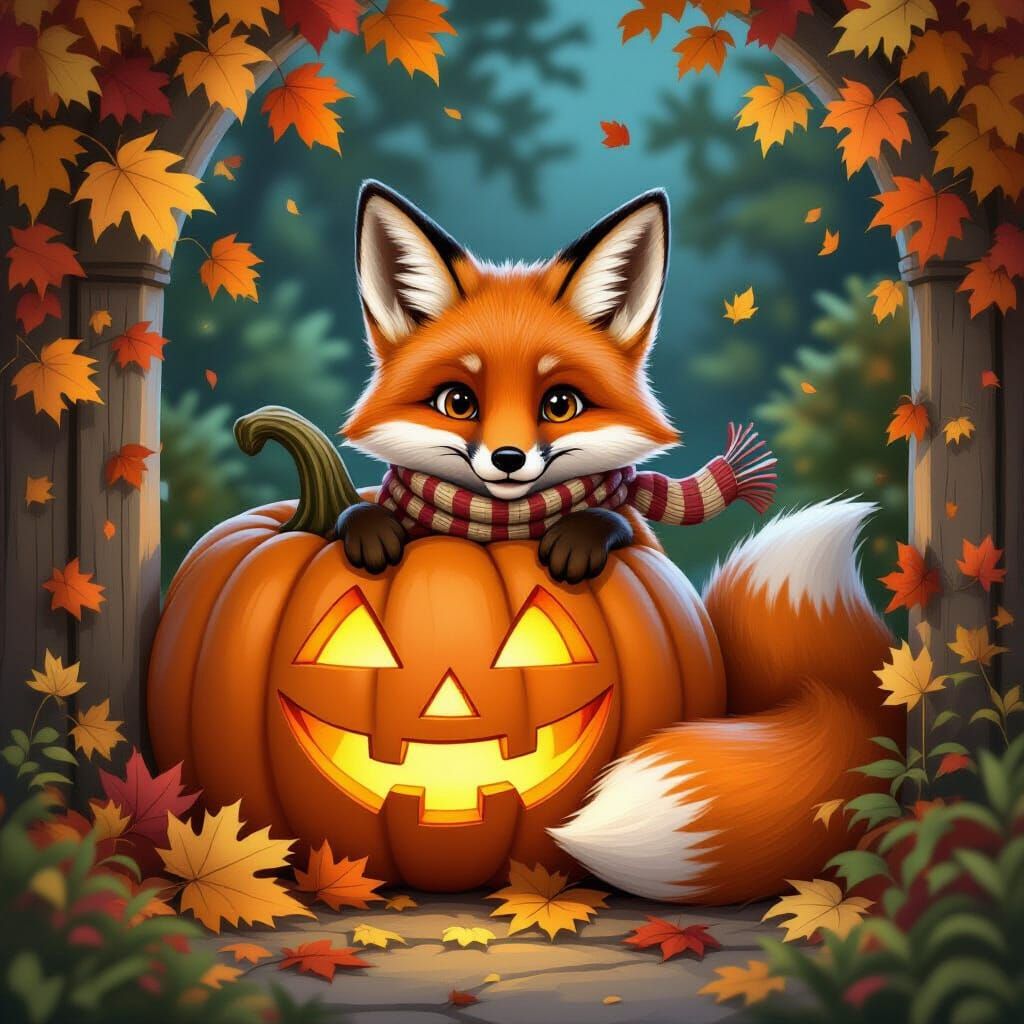 Mischievous Fox Peeks From Behind Autumn Pumpkin