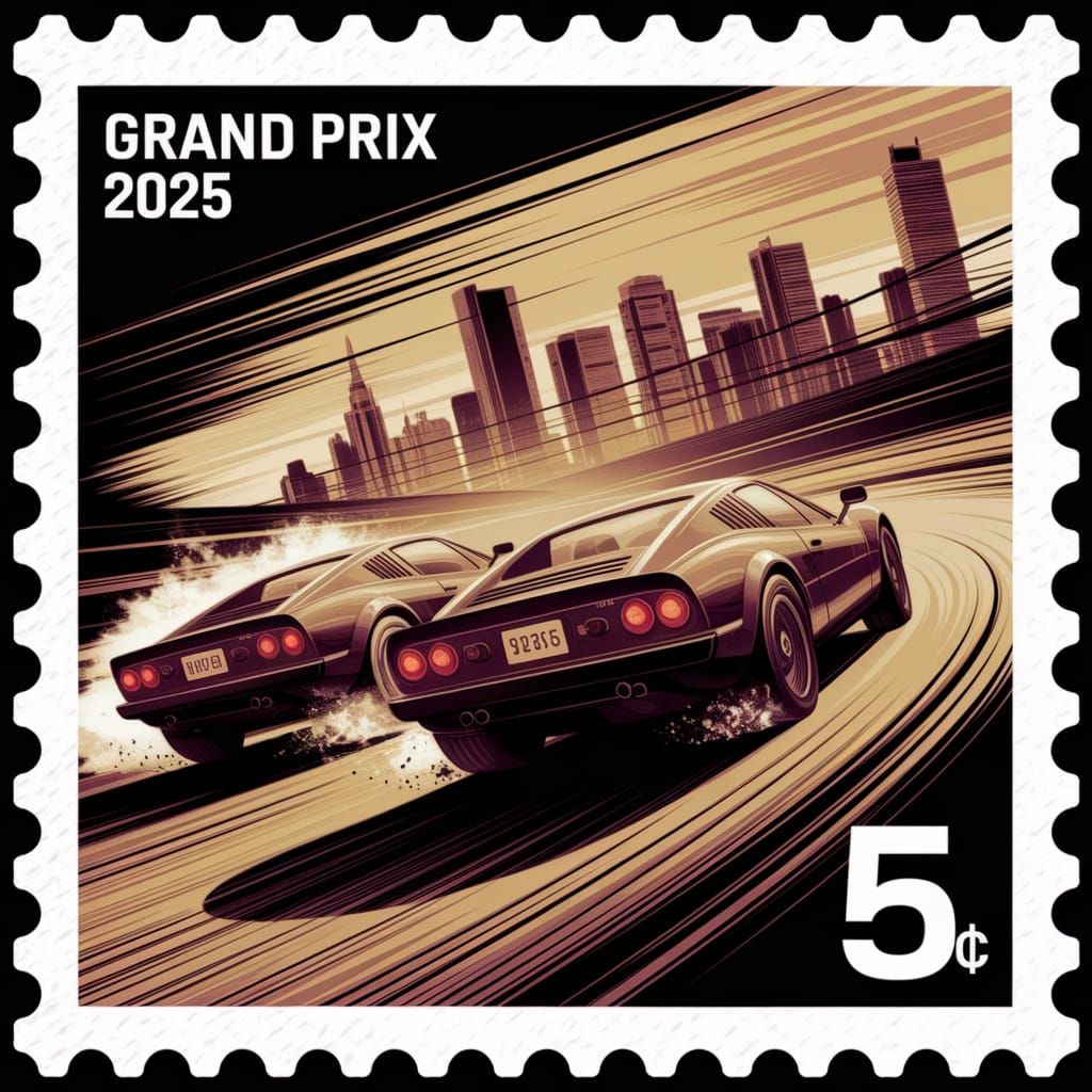 Vintage Stamp: Intense Street Race in Sunset Light