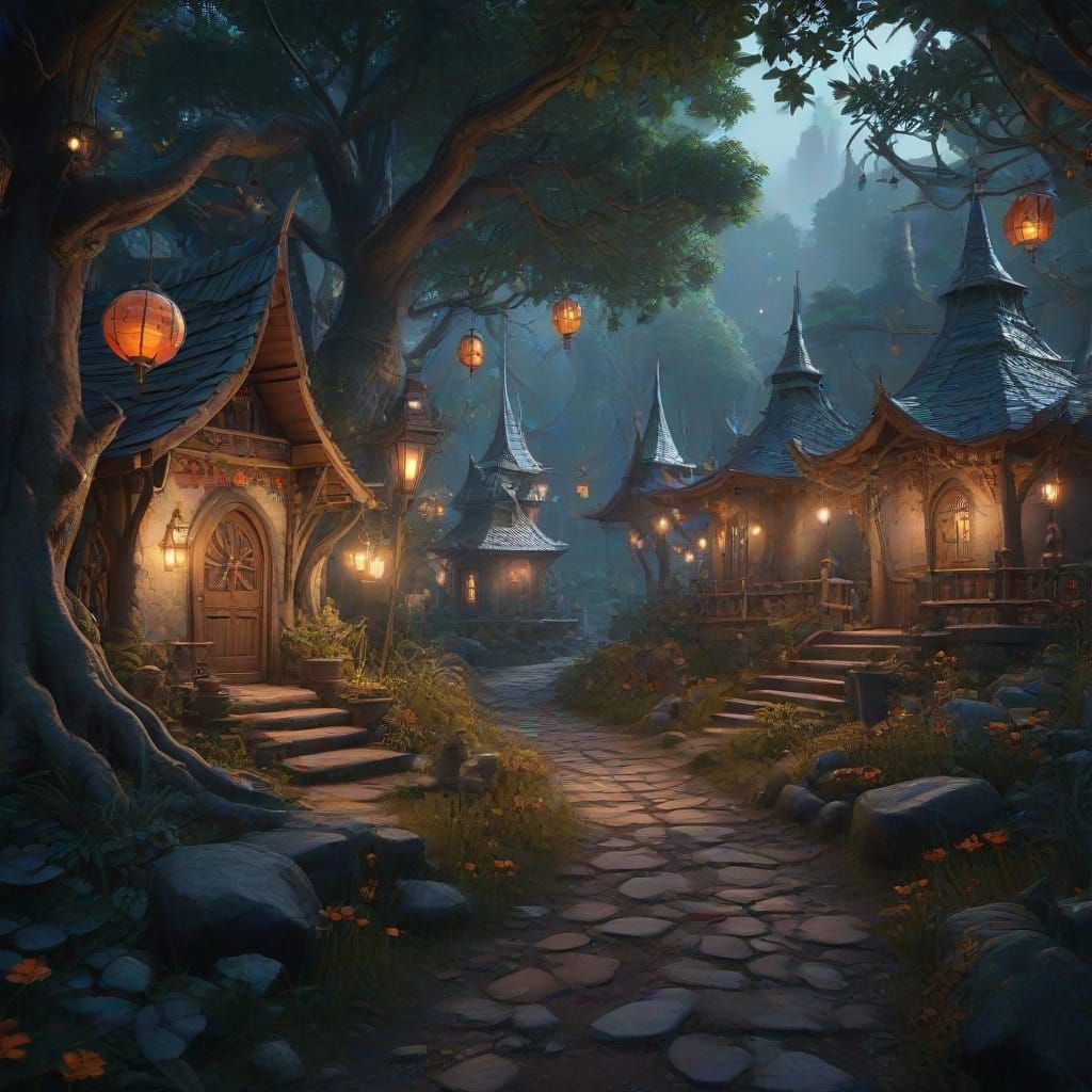 Whimsical Enchanted Village Under Starry Skies in Cyberpunk ...
