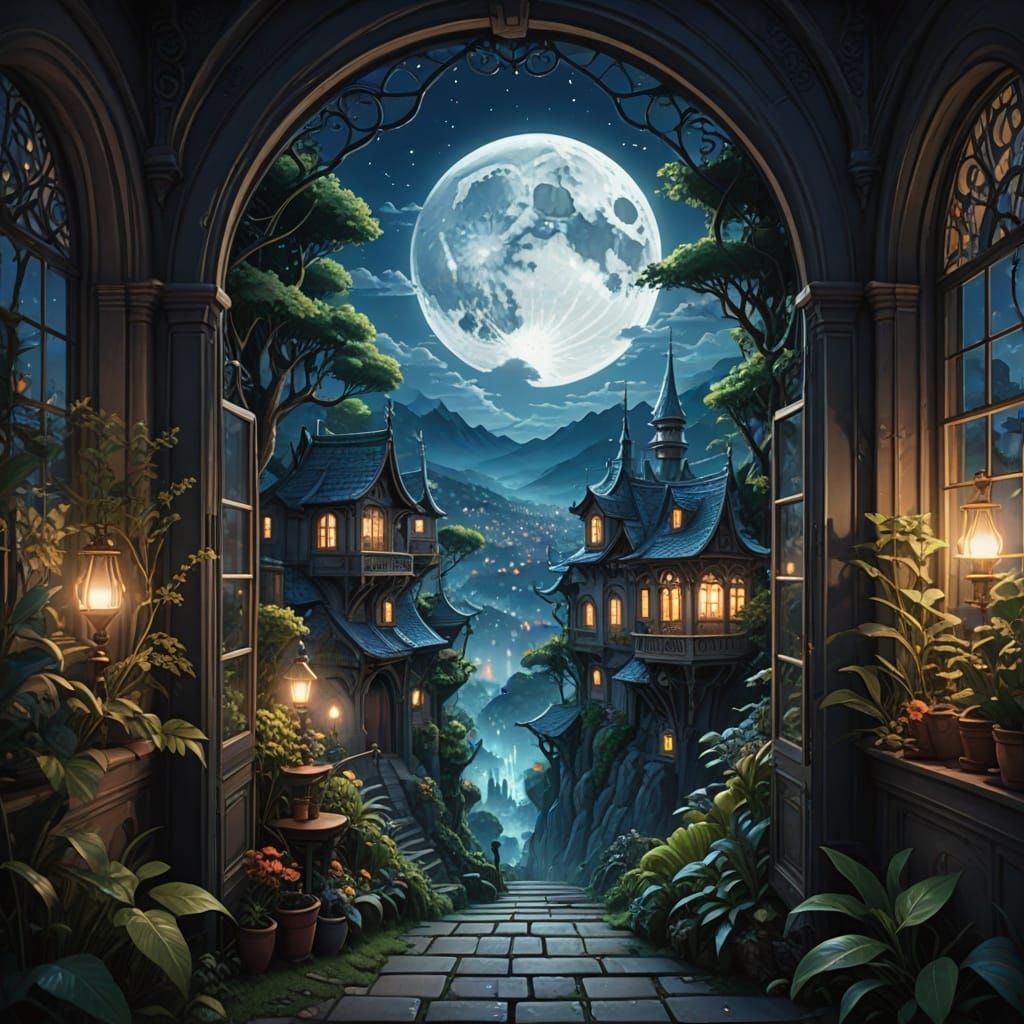 Whimsical Night Scene with Full Moon and Elegant Character