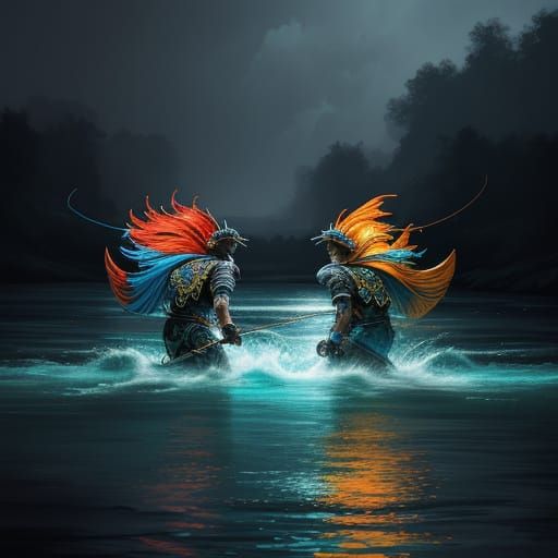 Two Fishermen Casting Lines in River, Splash Art Style