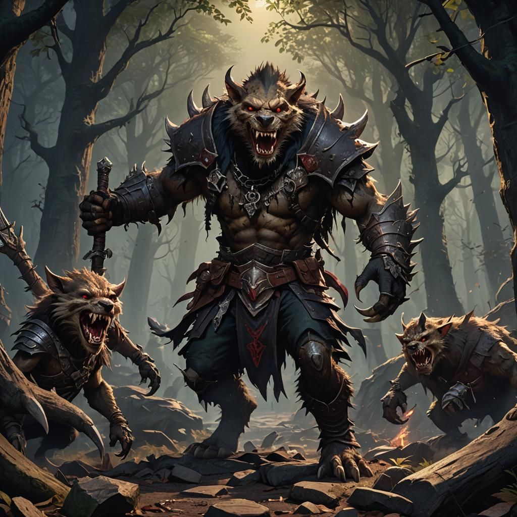 Gnoll Vampire Transformation in Dark Forest, Detailed Art