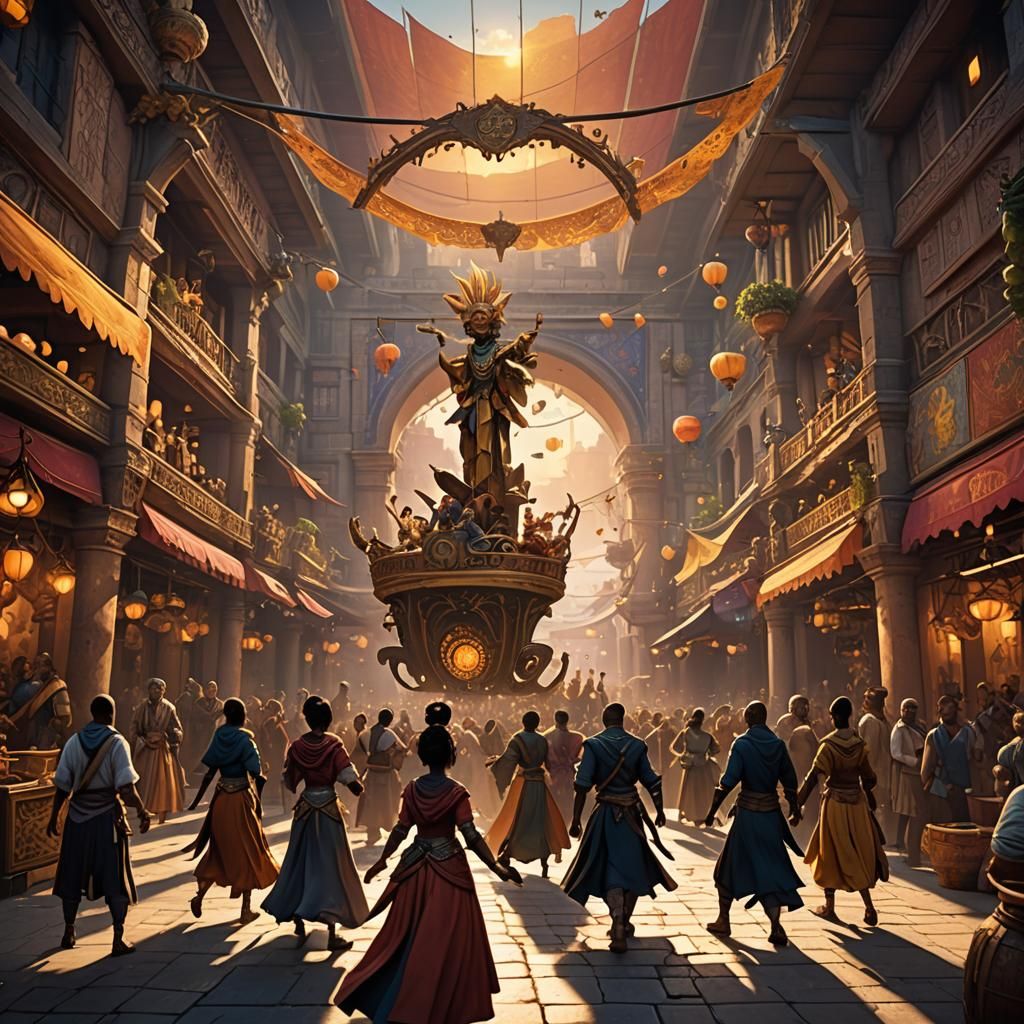 Fantasy Marketplace Musical Scene in Matte Painting Style