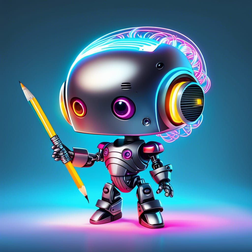 Cute Chibi Robot Mascot with Neon Brain