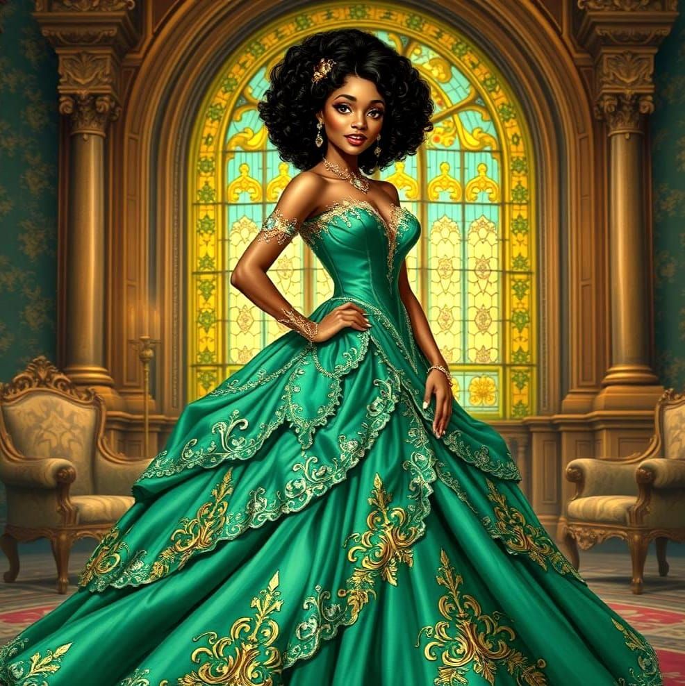 Princess Tiana in Green Dress: Gouache Painting