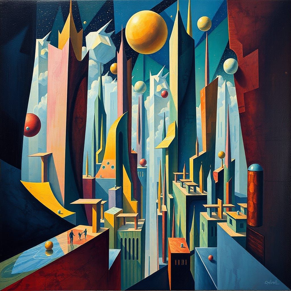 Dreamlike Cityscape with Cubist and Futuristic Elements