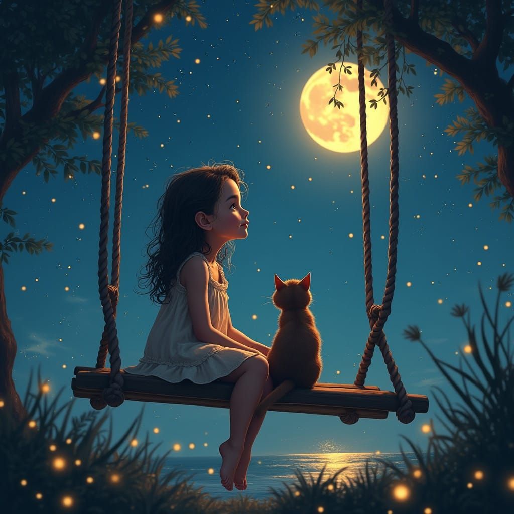 Girl and Cat Gaze at Starry Night Sky in Hyperrealistic Art