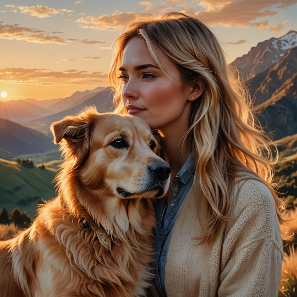 Woman and Dog at Sunset in Hyper-Realistic Digital Art