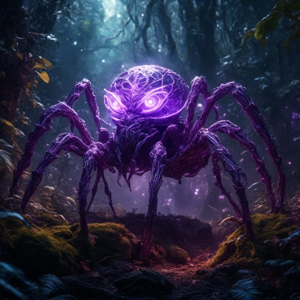 Bioluminescent Spider Golem in Eerie Jungle Temple