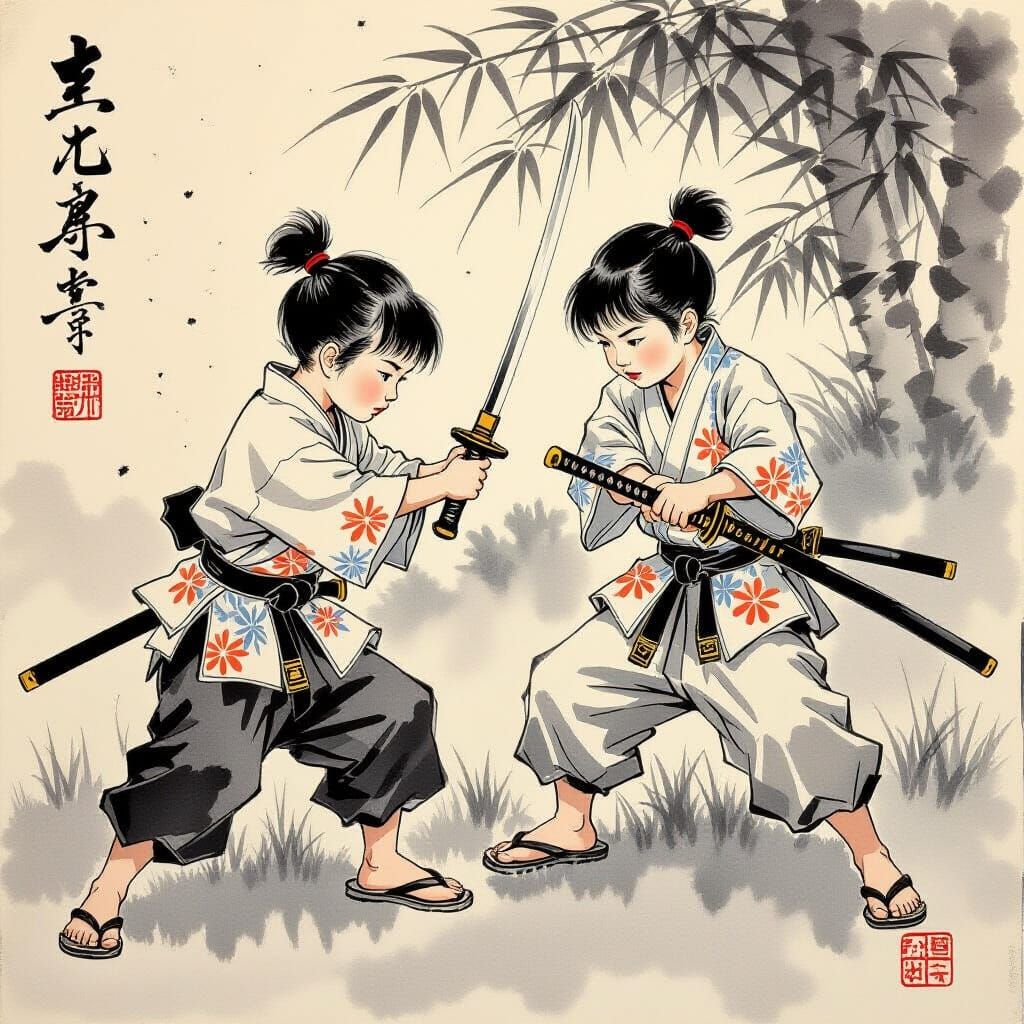 Inksplash Samurai: Boys Play with Iris Swords in Ukiyo-e Sty...