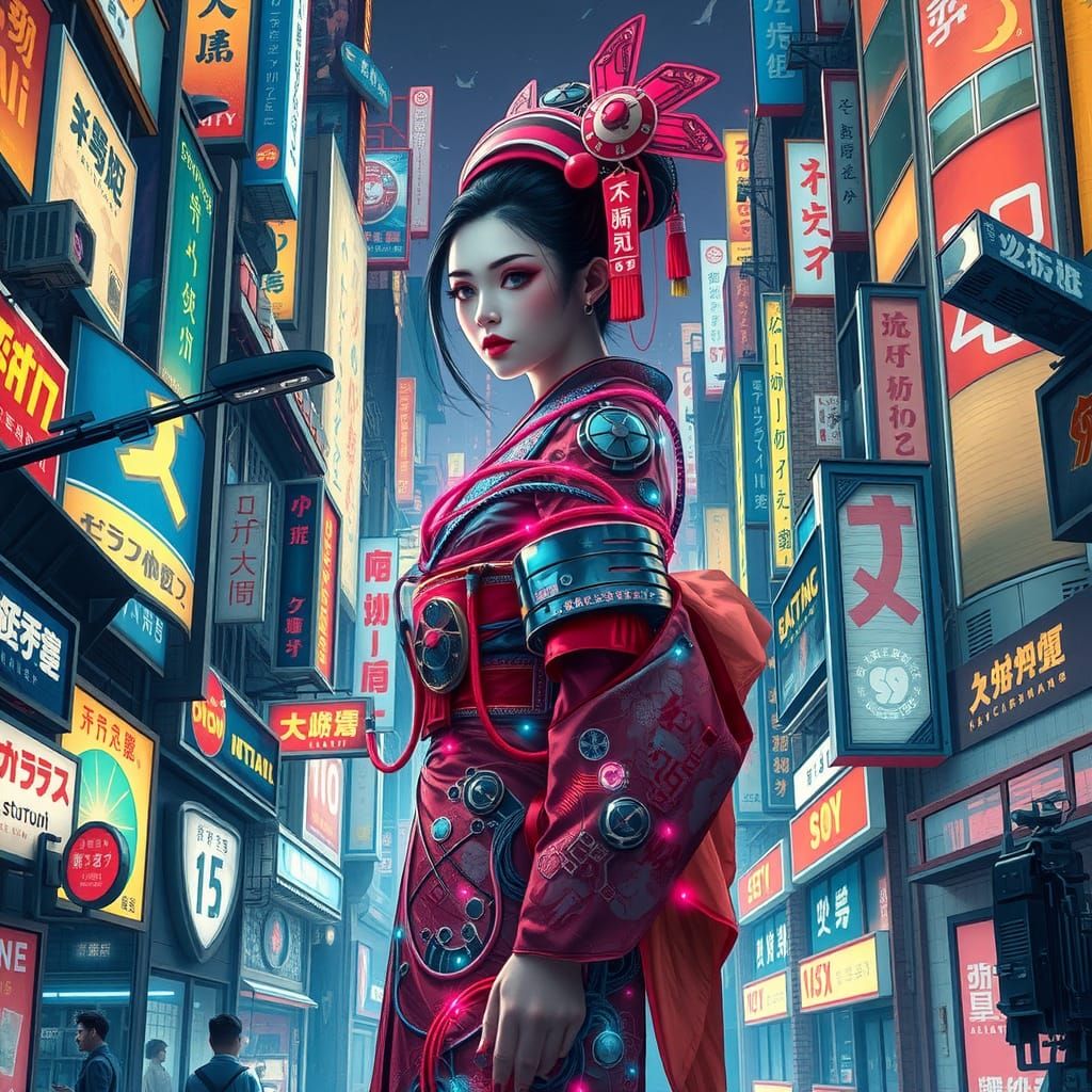 Cyberpunk Geisha in Ukiyo-e Cityscape