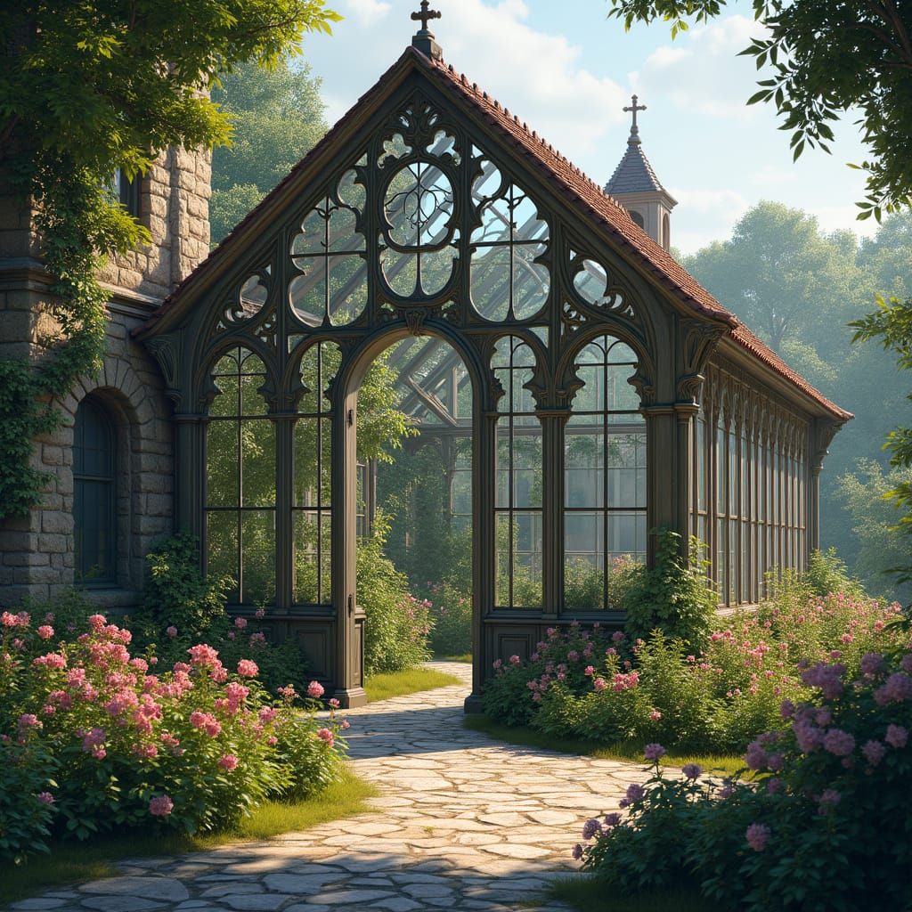 Medieval Greenhouse with Glass Walls and Vibrant Flora