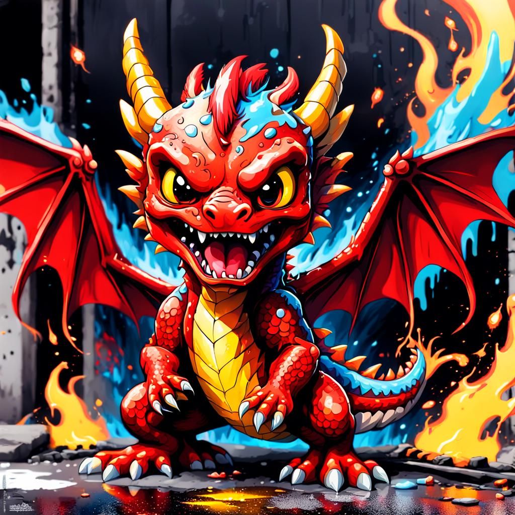 Chibi Red Dragon Street Art with Sparks