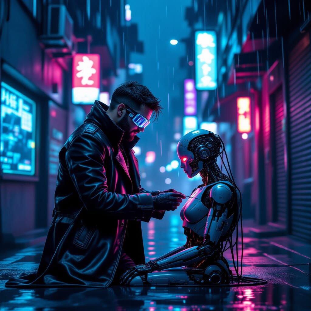 Cyberpunk Medic Tending Android in Neon Alleyway