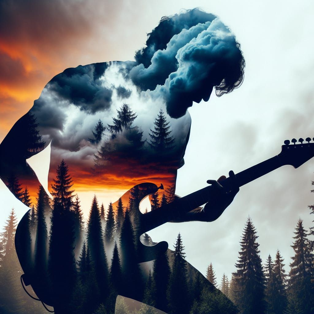 Guitarist Merging with Storm Clouds in Sunset