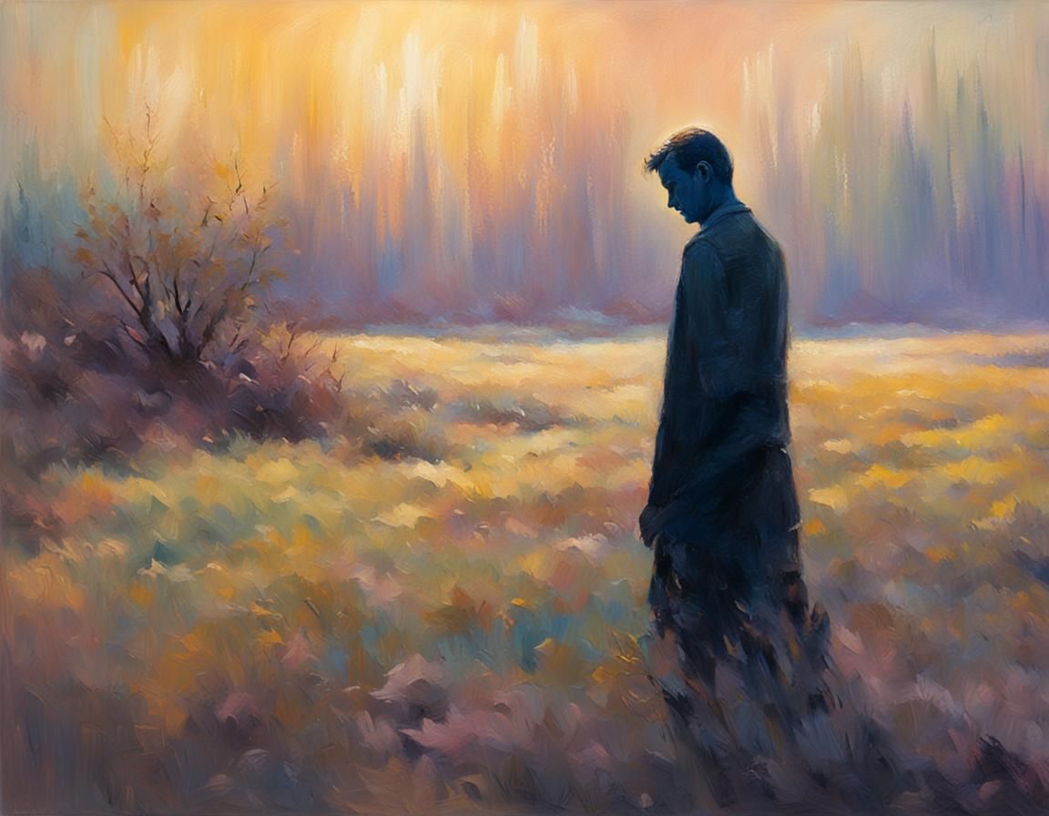 Dreamy Shadow Figure in Soft, Pastel Landscape