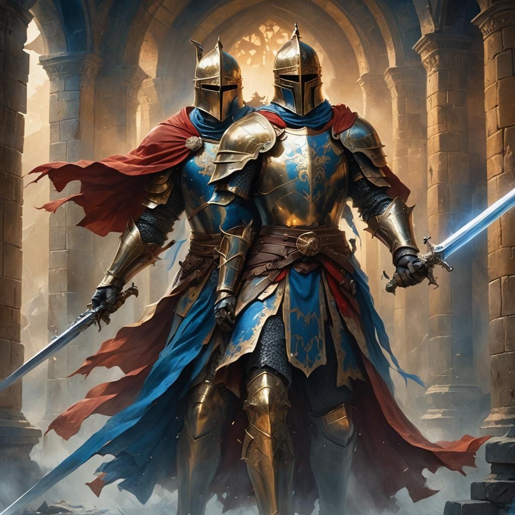 Heroic Golden Knight in Misty Castle, Oil Painting