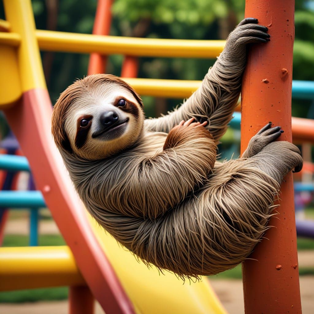lazy, sloth, playground, colorful, realistic