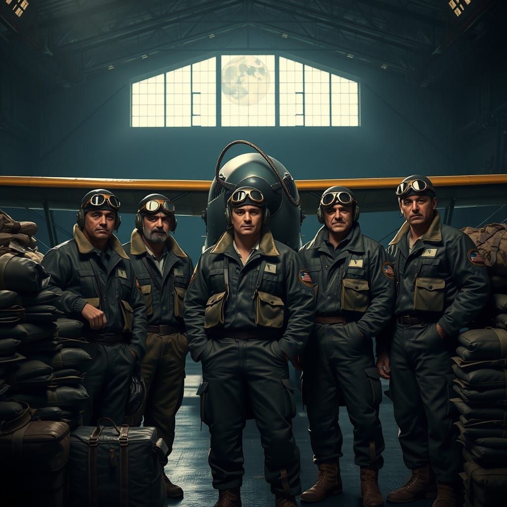 Air Mail Pilots in Moonlit Hangar, Photorealistic Style