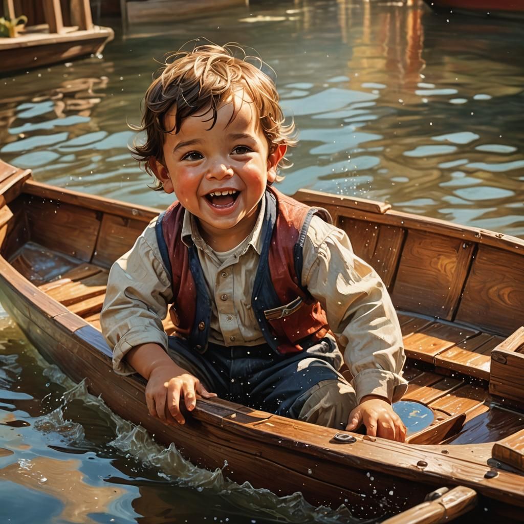 Happy Child Plays with Wooden Boat