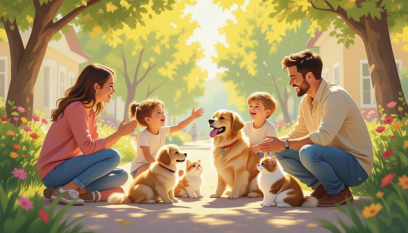 Joyful Community Scene With Children, Pets, and Kindness
