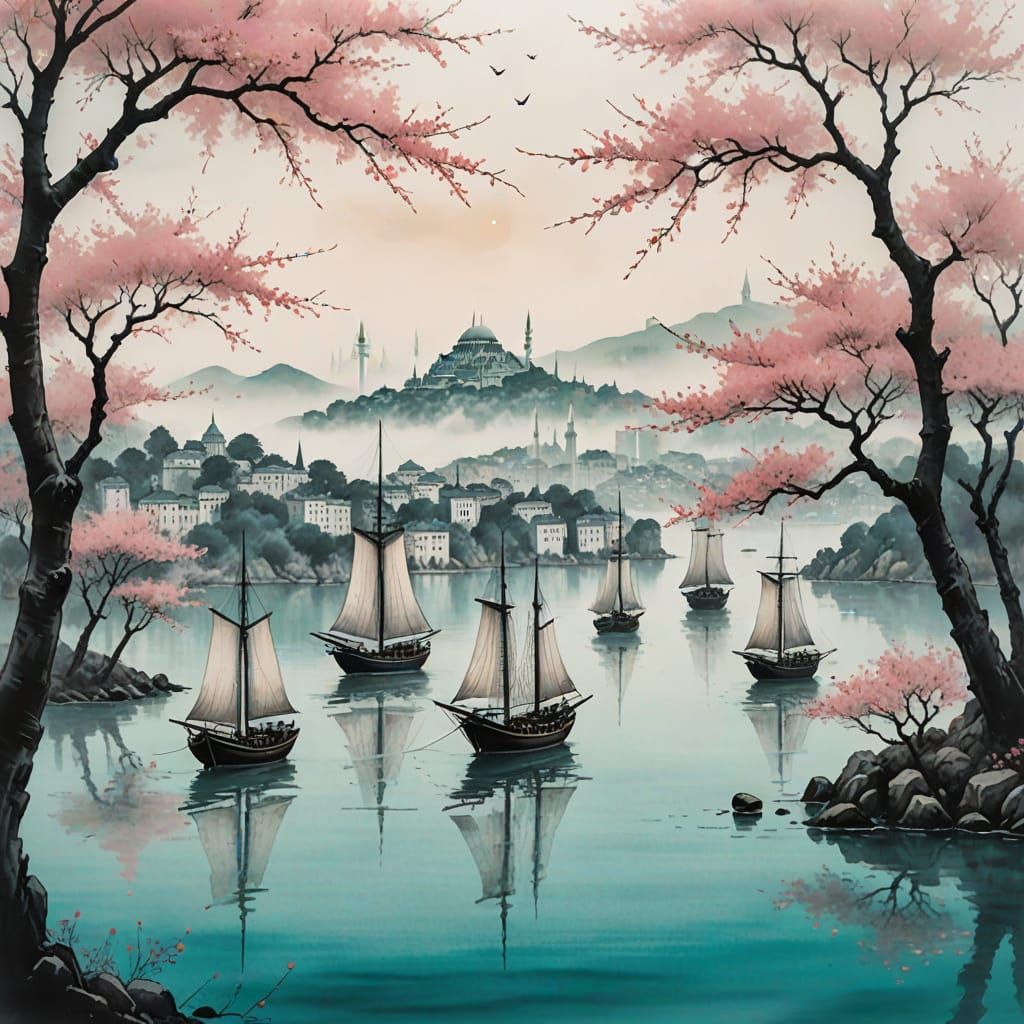 Serene Japanese-Inspired Sailing Ships in Misty Bosphorus