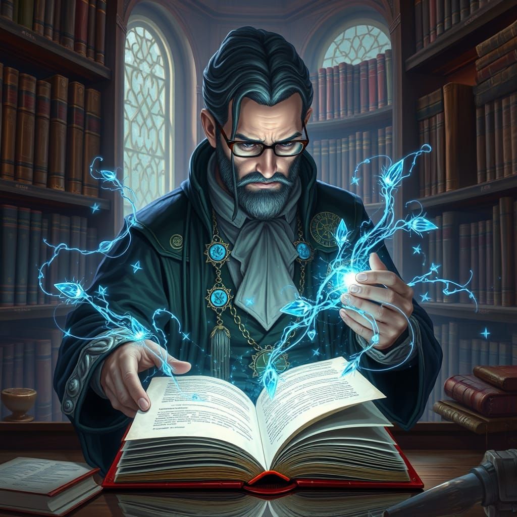Scholar and Glowing Book in Futuristic Academy