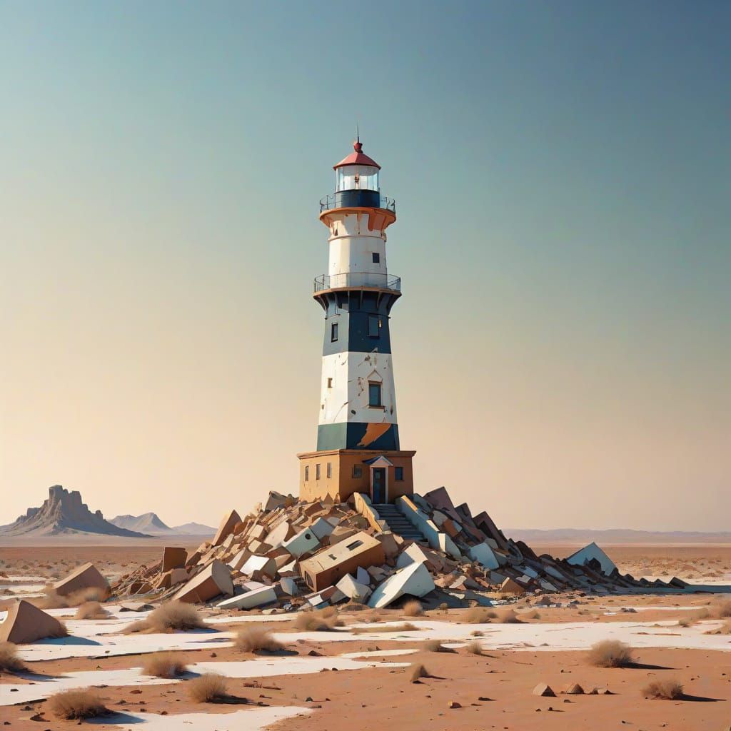 Desert Lighthouse with Shipwrecks: Abstract Futurism
