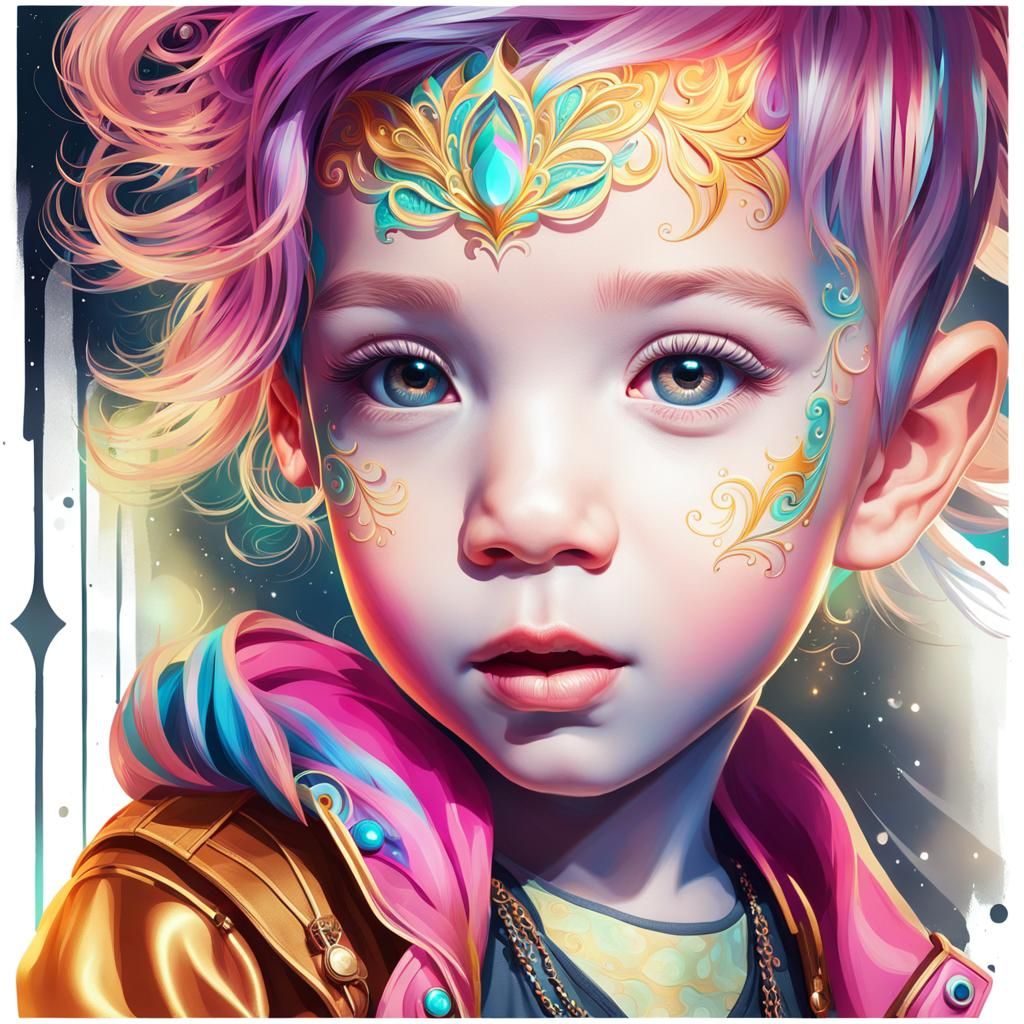 Toddler with Magical Tattoos in Psychedelic Digital Art