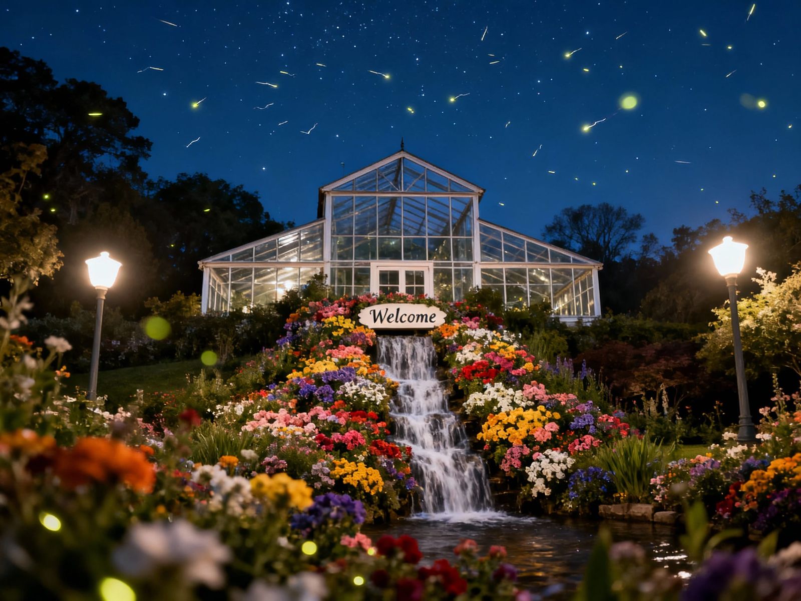 Elegant Glass House by Waterfall, Realistic Photography