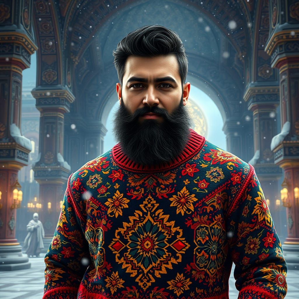 Regal Fantasy Persian in Vibrant Sweater Against Ancient Arc...