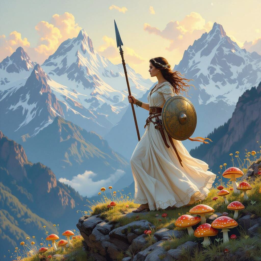 Warrior Woman on Cliff with Mountain View
