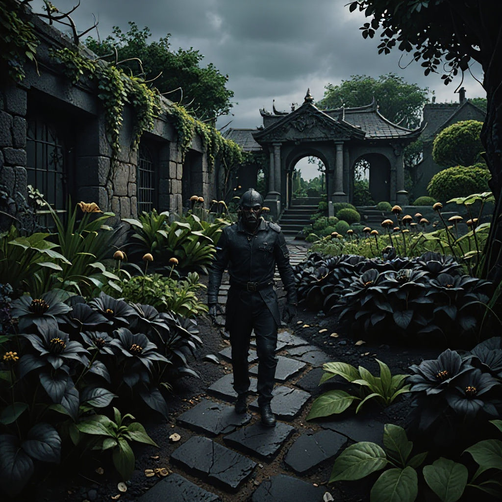 Black Flower Garden Path Under Dark Sky