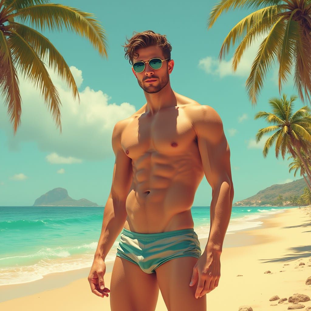 Hyperrealistic Portrait of Man in Swim Trunks