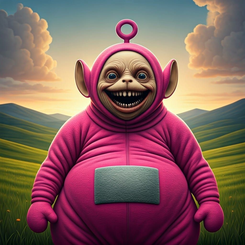 Surreal Pink Teletubby Figure in Dreamlike Landscape
