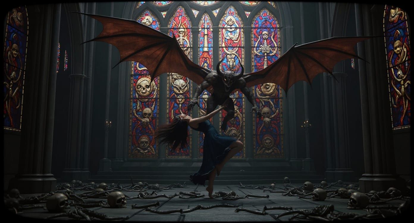 Woman Dances With Demon Amidst Gothic Cathedral Stained Glas...