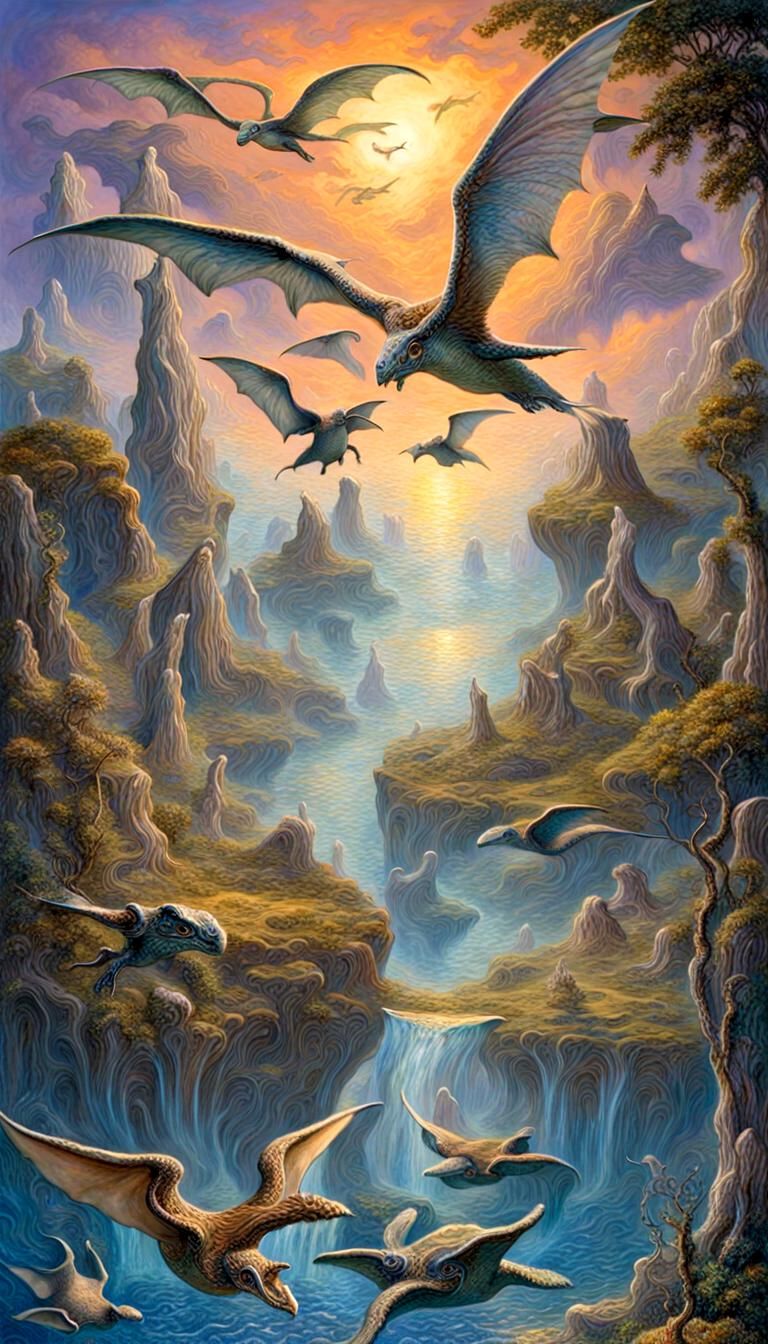 Fantastic Landscape with Flying Turtles and Walking Whales