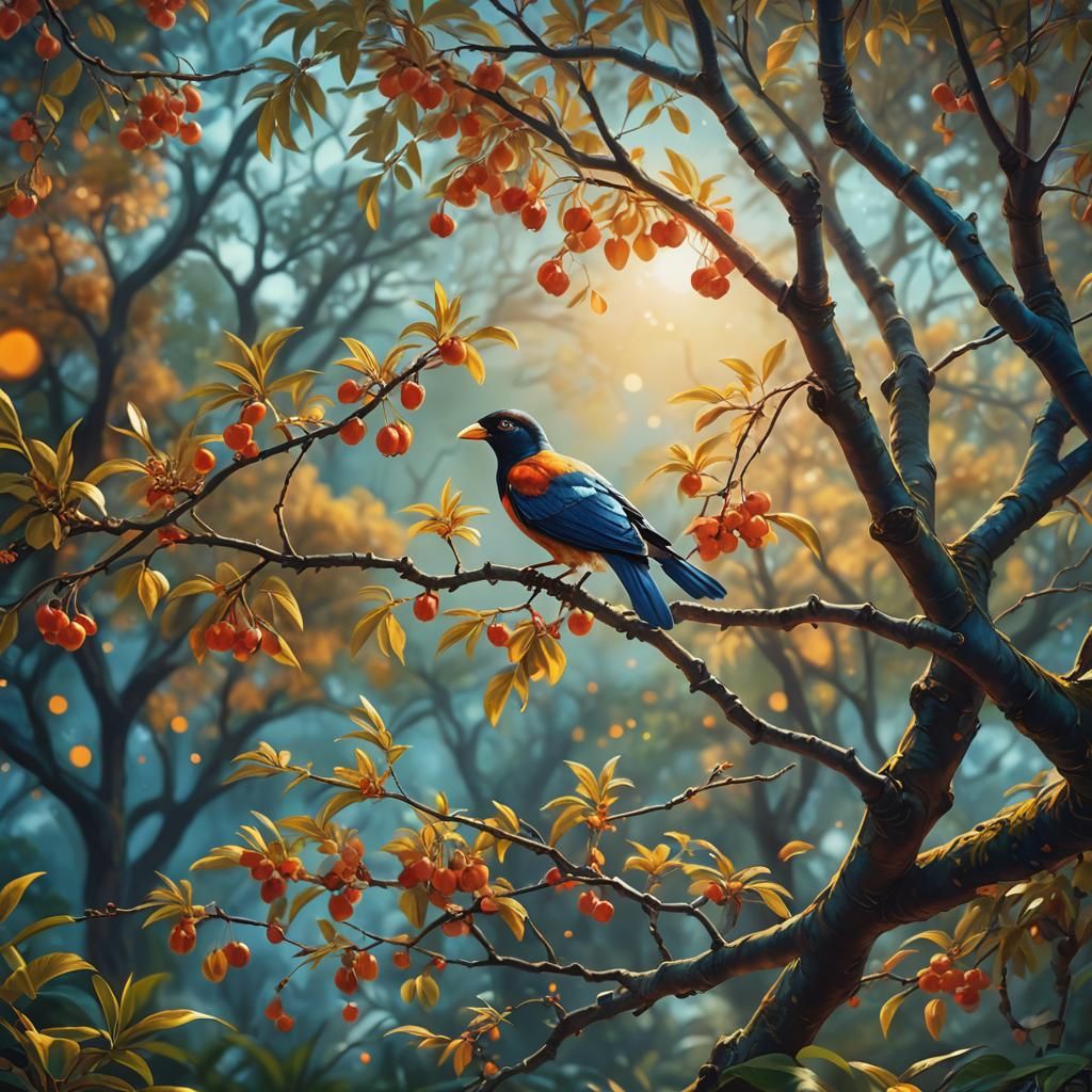 Tropical Bird in Cherry Tree: Digital Matte Painting