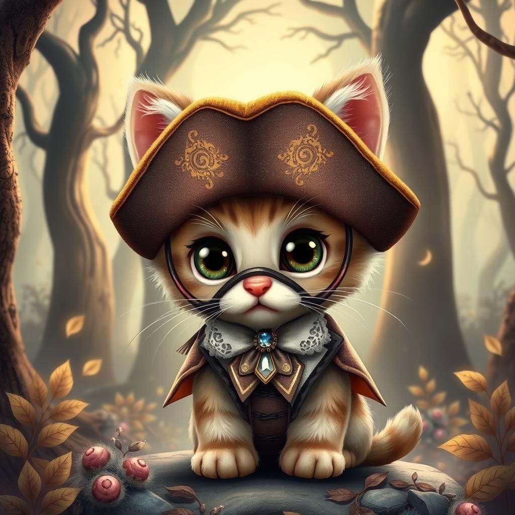 A charming, fluffy cartoon kitten with large, expressive, sh...
