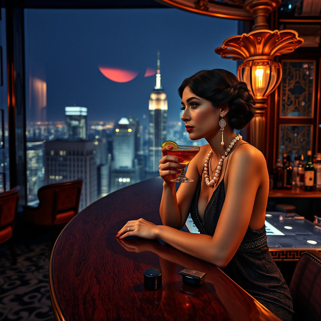 Flapper Sipping Cuba Libre in Art Deco Jazz Club