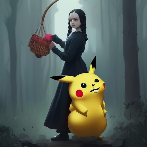 Wednesday Addams and Pikachu, Digital Concept Art