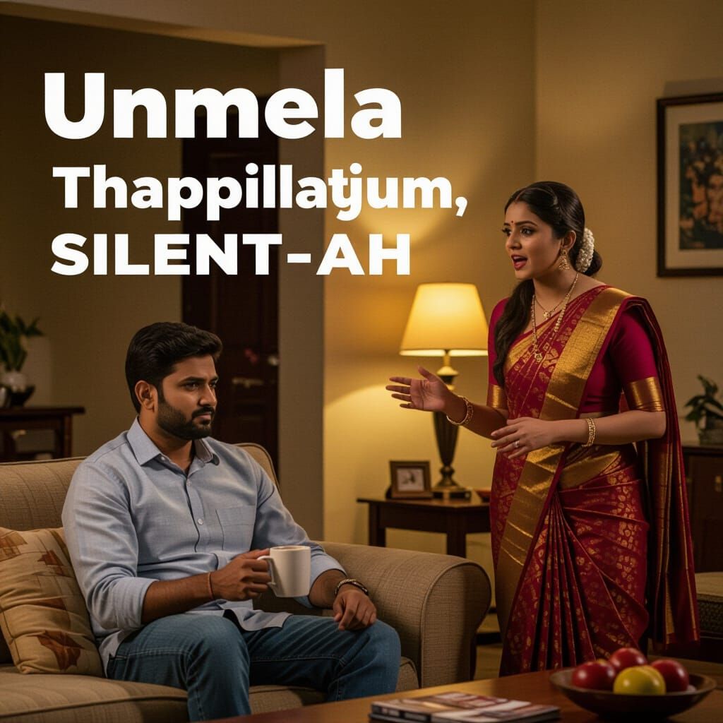 South Indian Couple in Thoughtful Home Scene with Tanglish T...