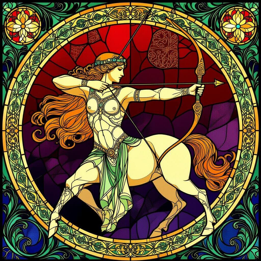 Stained-Glass Mosaic Centaur Archer in Art Nouveau Style
