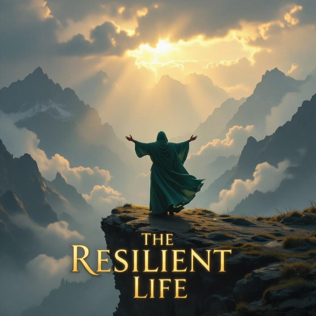 Emerald Figure Triumphant at Cliff's Edge